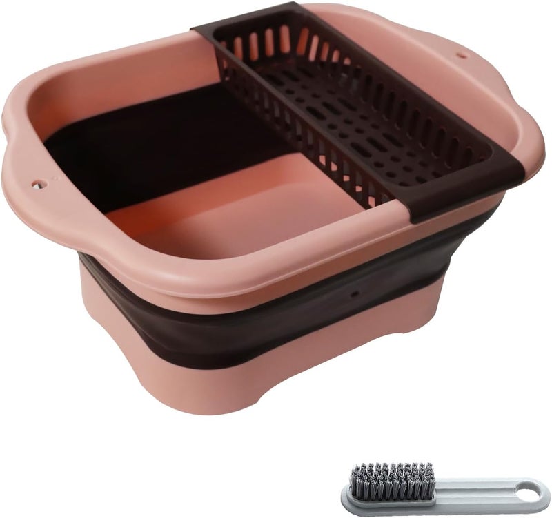 ZINSO 2.77 Gallon (10.5L) Collapsible Dish Basin with Drain Plug, Pink Camping Dish Basin for RV, Space-Saving Foldable Washing Bin, BPA-Free Portable Sink for Vegetables and Dishes - with Brush - Image 1